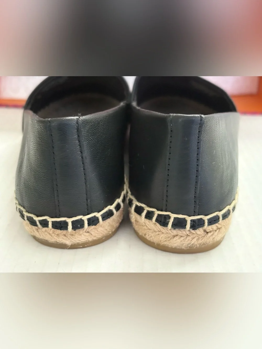 Tory Burch Benton Black Leather Espadrille Slip-Ons with Logo Medallion Size 5